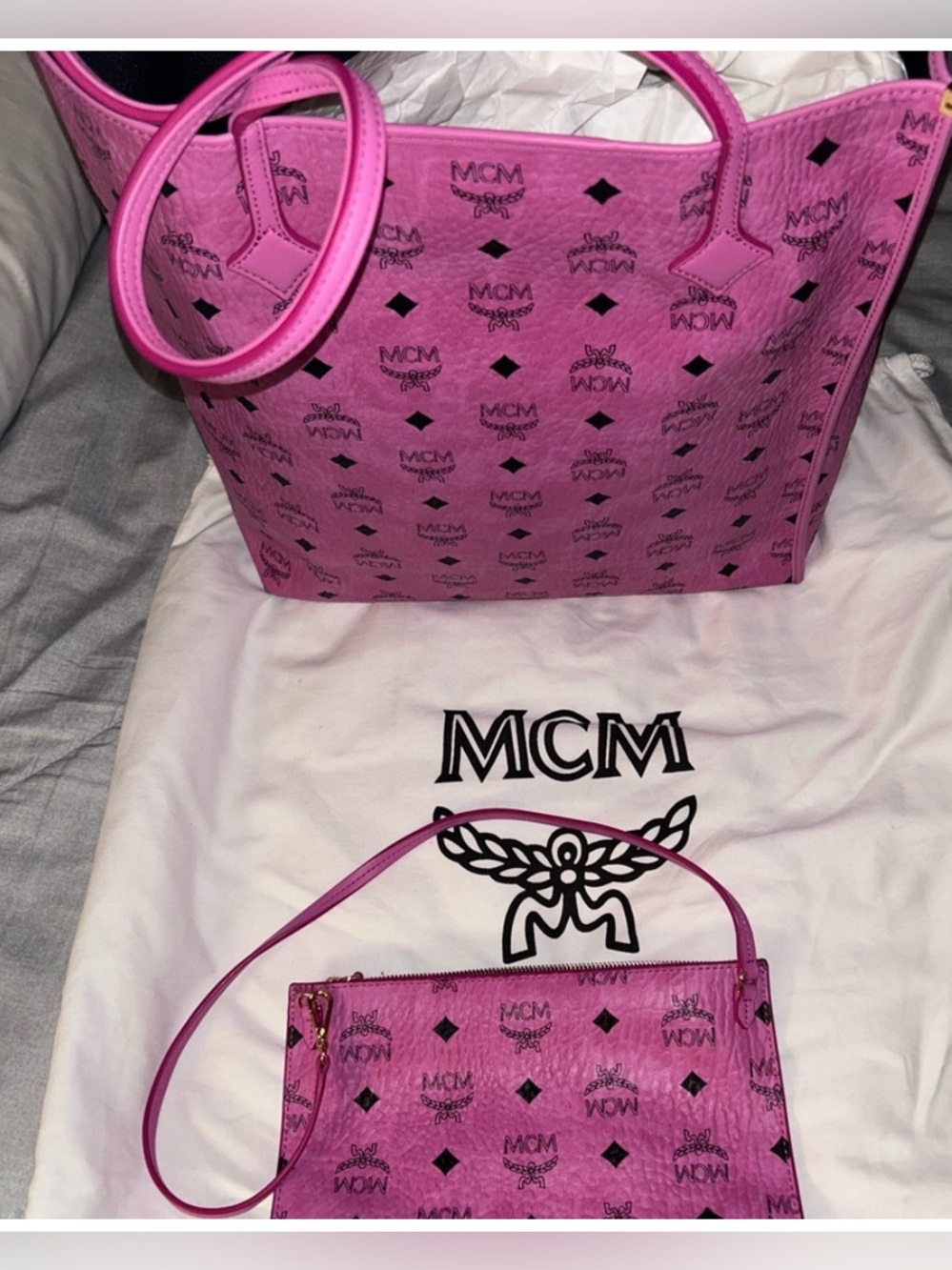 MCM Pink Monogram Leather Tote with Matching Crossbody Pouch